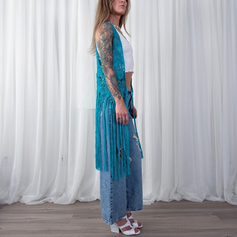 Pink Cattlelac Blue Crochet Fringe Festival Vest One Size Boho - Picture 5 of 8
